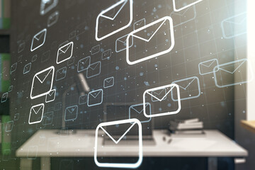 Poster - Creative abstract postal envelopes sketch and modern desk with computer on background, e-mail and marketing concept. Double exposure