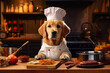 Cute dog Golden retriever Chef with costume ready to cooking for dinner in kitchen room, funny moment, ingredient for cooking, pet concept, with Generative Ai.