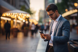 Fototapeta  - Close-up image of businessman watching smart mobile phone device outdoors. Business man networking typing an sms message in city street.