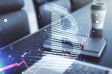 Poster - Creative Bitcoin concept with modern computer background. Double exposure