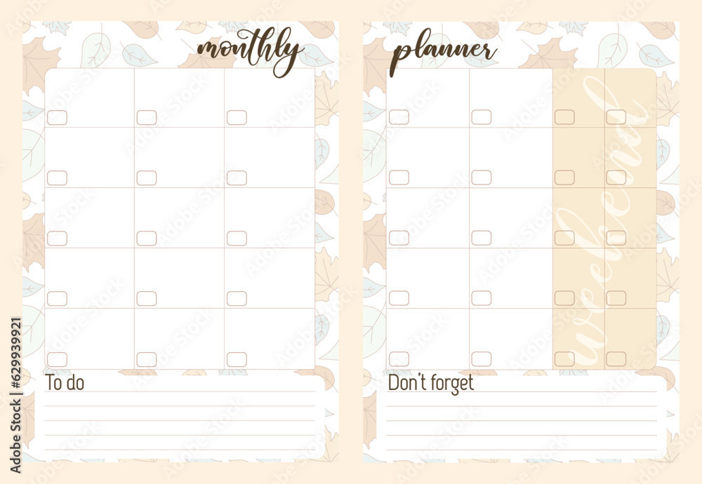 Montly Planner Printable template Vector Notebook botanical pattern in