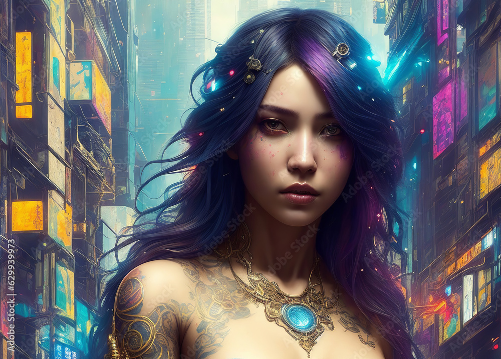 Illustration of beautiful young Cyberpunk Woman with long dyed hair and ...