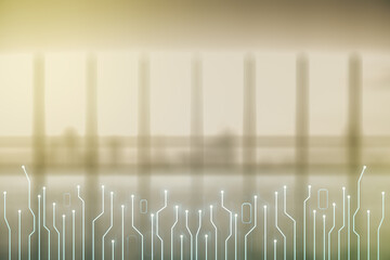Aufkleber - Double exposure of abstract virtual circuit hologram on empty modern office background. Research and development hardware concept