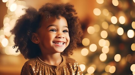 excited little black girl in home near the Christmas tree, happily