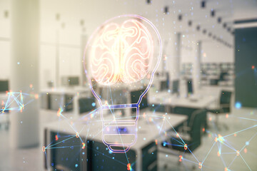 Leinwandbilder - Abstract virtual idea concept with light bulb and human brain illustration on a modern furnished office background. Neural networks and machine learning concept. Multiexposure