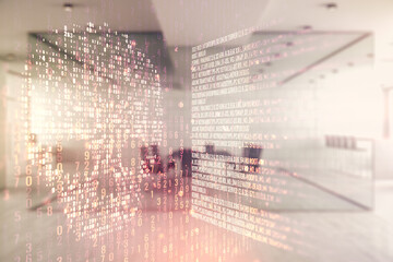 Aufkleber - Double exposure of abstract virtual creative code skull hologram on modern corporate office background. Malware and cyber crime concept