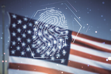 Aufkleber - Double exposure of virtual creative fingerprint hologram on US flag and blue sky background, protection of personal information concept