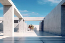 Modern Concrete Architecture Building, Exterior Floor And Roof With Empty Space For Mock Up With Blue Sky Background, In Clean Design, With Generative Ai.
