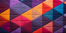 Detail Closeup Of A Geometric Quilt Pattern, Emphasis On Texture And Stitching, Colorful, Fabric Texture