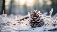 Pine Cone In Snow Macro Photo