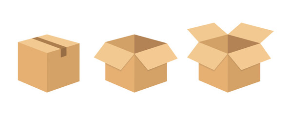 Collection of cardboard box mockups. Shipping carton open and closed box with breakable signs. Set closed and open cardboard boxes. Vector illustration