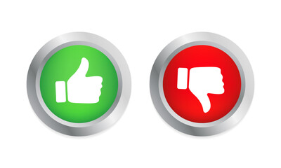 Poster - Thumb up and thumb down sign. 3D glossy red and green button. Social media like icons. Up and down index finger sign. Vector illustration