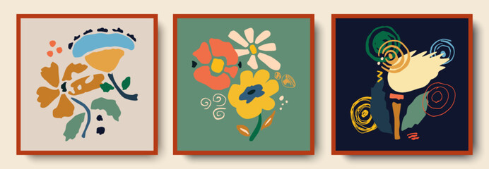 Aufkleber - A fashionable set of abstract bright cards with leaves.Creative doodles of various shapes and textures.Vector illustration is perfect for prints,flyers,banners, postcards, invitations, wall art.