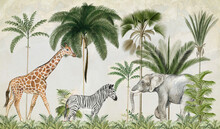 Watercolor Composition With African Animals And Natural Elements. Elephant, Giraffe, Palm Trees, Flowers. Safari Wild Creatures. Jungle, Tropical Illustration For Nursery Wallpaper 