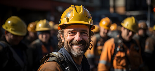 Wall Mural - Engineer at construction site wearing safety helmet Confident engineer looking at camera with team behind Generative AI