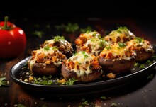Stuffed Mushrooms Caps, With Cream Cheese, Breadcrumbs And Parmesan, Traditional Italian Food On Black Background
