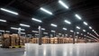 © DELstudio - Generative AI, Warehouse interior with LED lighting, industry building, distribution retail center, part of storage and shipping system..