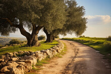 Olive Trees And Stone Walls On The Road