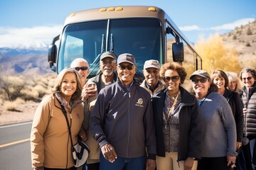 group of all parent tour participants with an interesting tour bus background, moments of togetherne