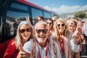 group of all parent tour participants with an interesting tour bus background, Moments of Togetherness in Front of the Tour Bus