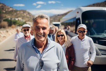 group of all parent tour participants with an interesting tour bus background, moments of togetherne