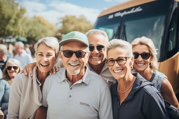 group of all parent tour participants with an interesting tour bus background, moments of togetherne