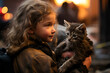 A girl holds a cat rescued from a fire in her arms.  AI generated