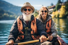 Happy retired couple enjoying travel moment paddling on kayak