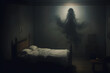A horror anime image of a dark spirit floating near mattress in scary gloomy atmosphere, night terror, evil hag standing in the corner of the bedroom