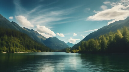 A beautiful lake surrounded by green tall forest and mountains on a crisp sunny day, concept of natural travel lifestyle