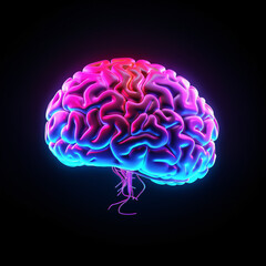 Hi-Tech Human Brain Made by Neon Glow is Hovering on a Black Background 
