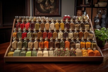 Sticker - a variety of spices and seasonings arranged in a visually stunning display