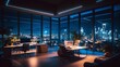 night time office space with row of working office table and work station unit modern interior office design,Generative AI