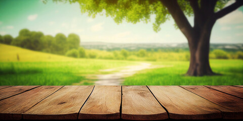 Wall Mural - Empty wooden table against blurred natural park forest of trees and leaves, product showcase montage. natural background eco