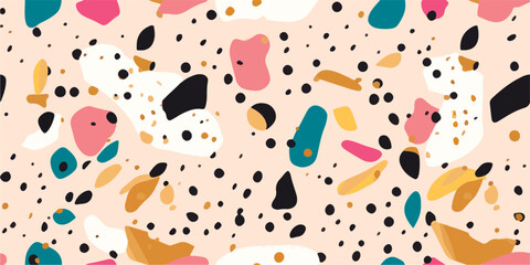 Colorful seamless terrazzo pattern. Hand drawn trendy abstract illustrations. Creative collage seamless pattern