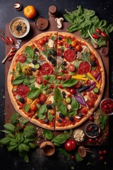 Poster - homemade pizza with various toppings and basil