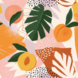 Collage contemporary pearch, leaves and  polka dot shapes seamless pattern. Mid Century Modern Art exotic design for paper, cover, fabric, interior decor and other users.