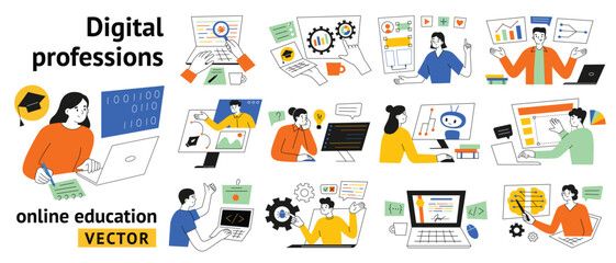 Poster - Digital professions online course, IT distant education, people study coding and machine learning, collection of vector illustrations with students and teachers in information technology