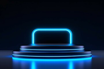 Poster - Modern futuristic podium with neon lighting for product presentation. AI generated, human enhanced