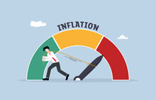 Effort To Reduce Inflation Rate, Fighting Against Financial Crisis, Stabilizing Economy Concept, Businessman Trying To Pull Pointer Of Inflation Rate Gauge To Normal Level.