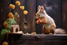 Squirrel Eating Nuts On A Rustic Wooden Fence