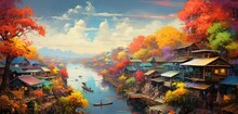 Painting Style Illustration Souteast Asian, Thai Style Ancient Vintage Town Beside River At Sunset Time, Generative Ai