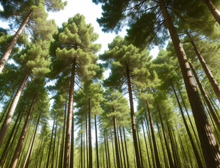 Wall Mural - Bottom view of tall old trees in evergreen forest, generative ai. Blue sky in the background. Low angle view of trees in the forest, natural background