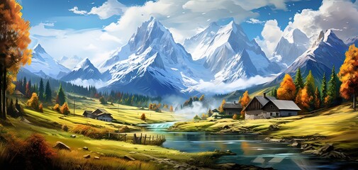 Wall Mural - painting style illustration of small village canal side with snow mountain in Autumn, Generative Ai