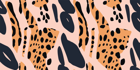 Modern striped shapes with leopard print seamless pattern. Hand drawn trendy abstract print. Creative collage seamless pattern