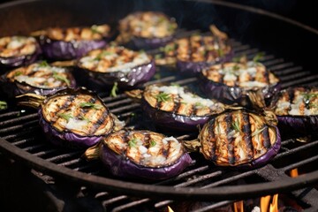 Wall Mural - eggplants grilling on a charcoal barbecue