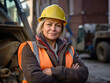 © Islam - woman working on a construction site, construction hard hat and work vest, smirking, middle aged or older