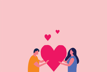 Happy Valentines day, concept of lovers holding hearts. with red heart, romantic background, can be used for banner, poster, flyer, invitation, website or greeting card. vector illustration
