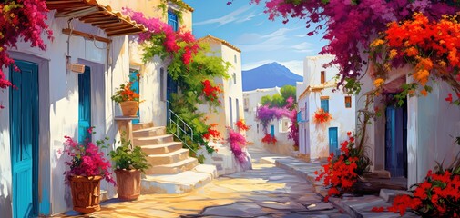 Wall Mural - painting style illustration of beautiful hill top village house with pink  flower blossoming, Generative Ai