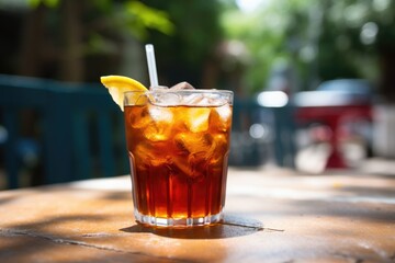 Canvas Print - blurred background of outdoor setting with ice tea in focus